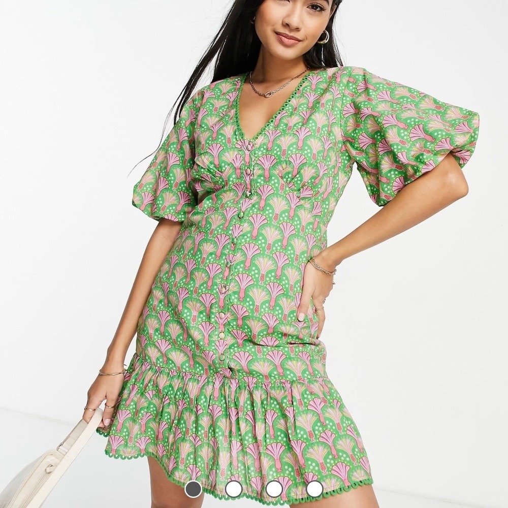 Never Fully Dressed Green Pink Fan Print Button Front Dress Puff Sleeve Size 2